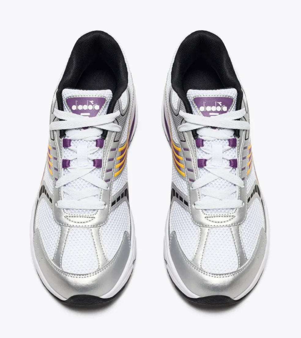 Sneakers donna “Diadora” Sao-Ko 280 Collezione Primavera/Estate 2025 – Bianco Nero Viola Giallo Argento/Perla Marina