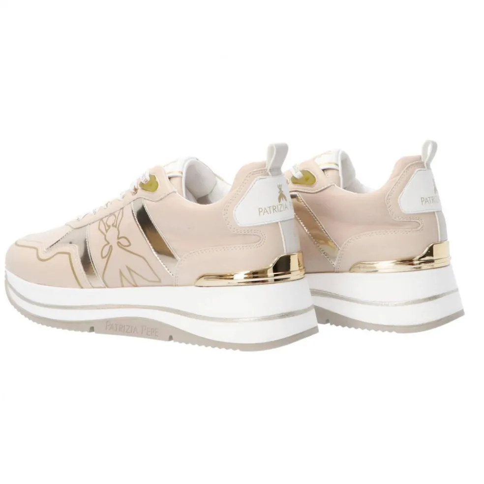 Sneakers donna “Patrizia Pepe” PPJ270 Collezione Primavera /Estate 2025 – Bianco e oro/beige e oro